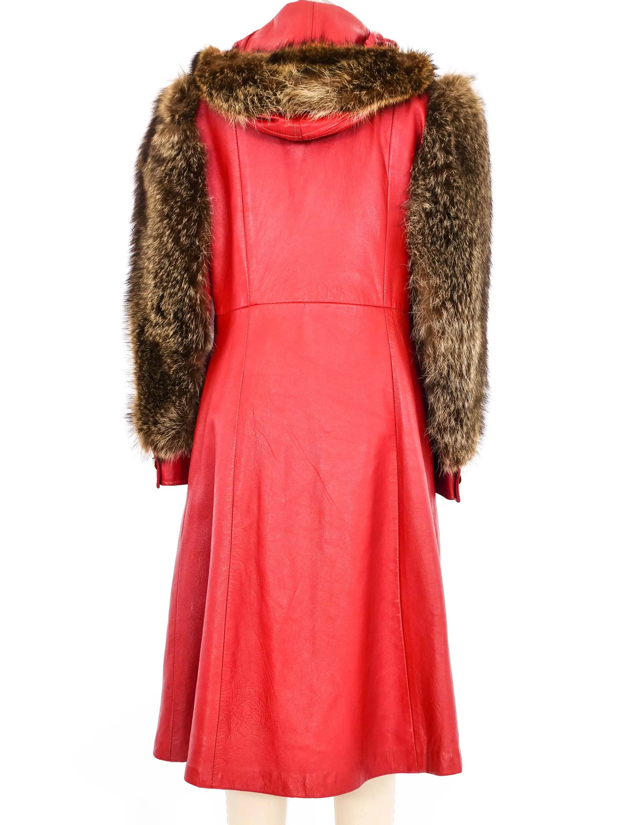 1970s Red Leather Fur Trim Coat