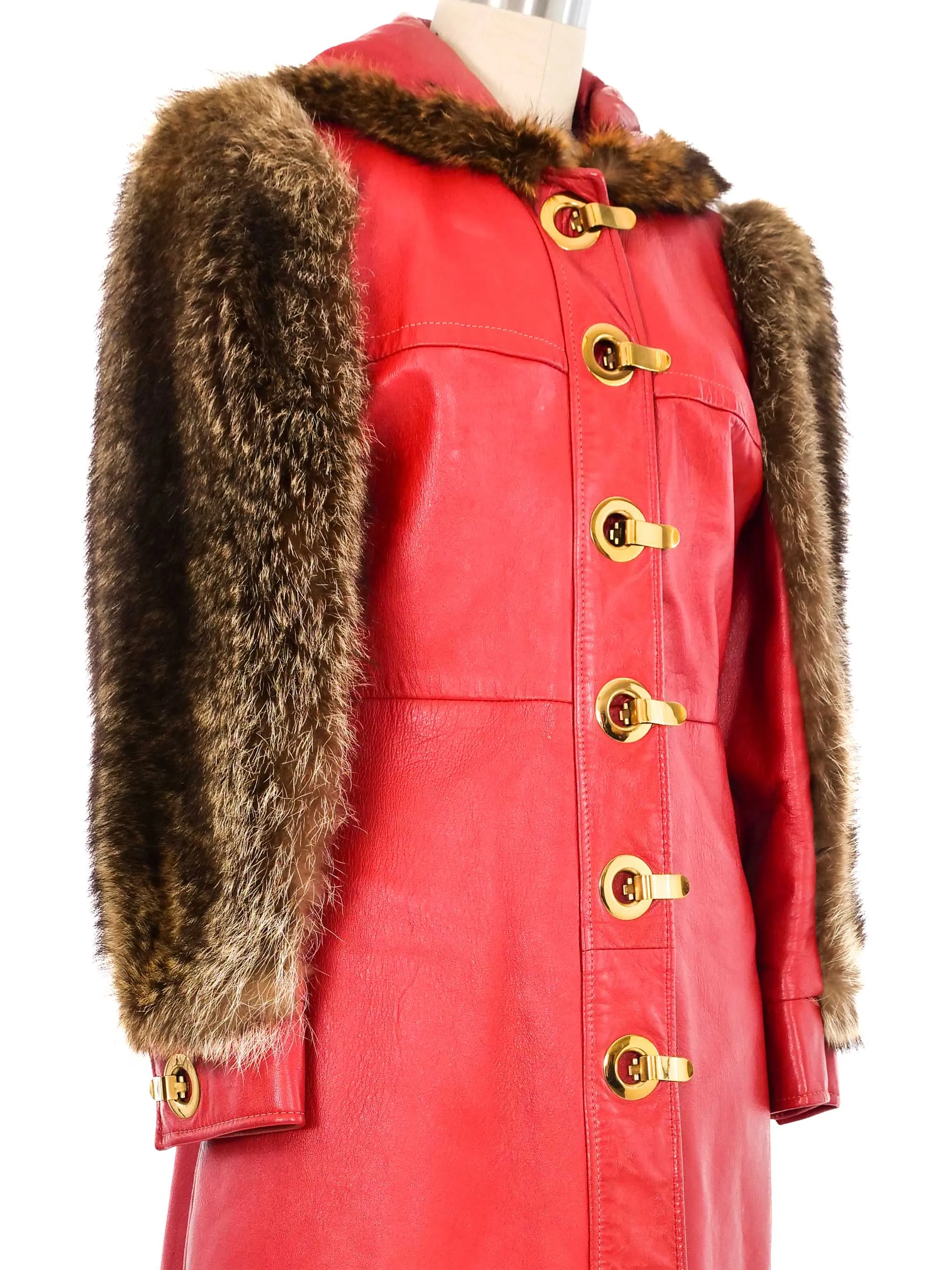 1970s Red Leather Fur Trim Coat