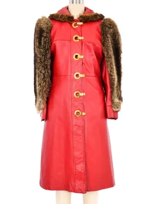 1970s Red Leather Fur Trim Coat