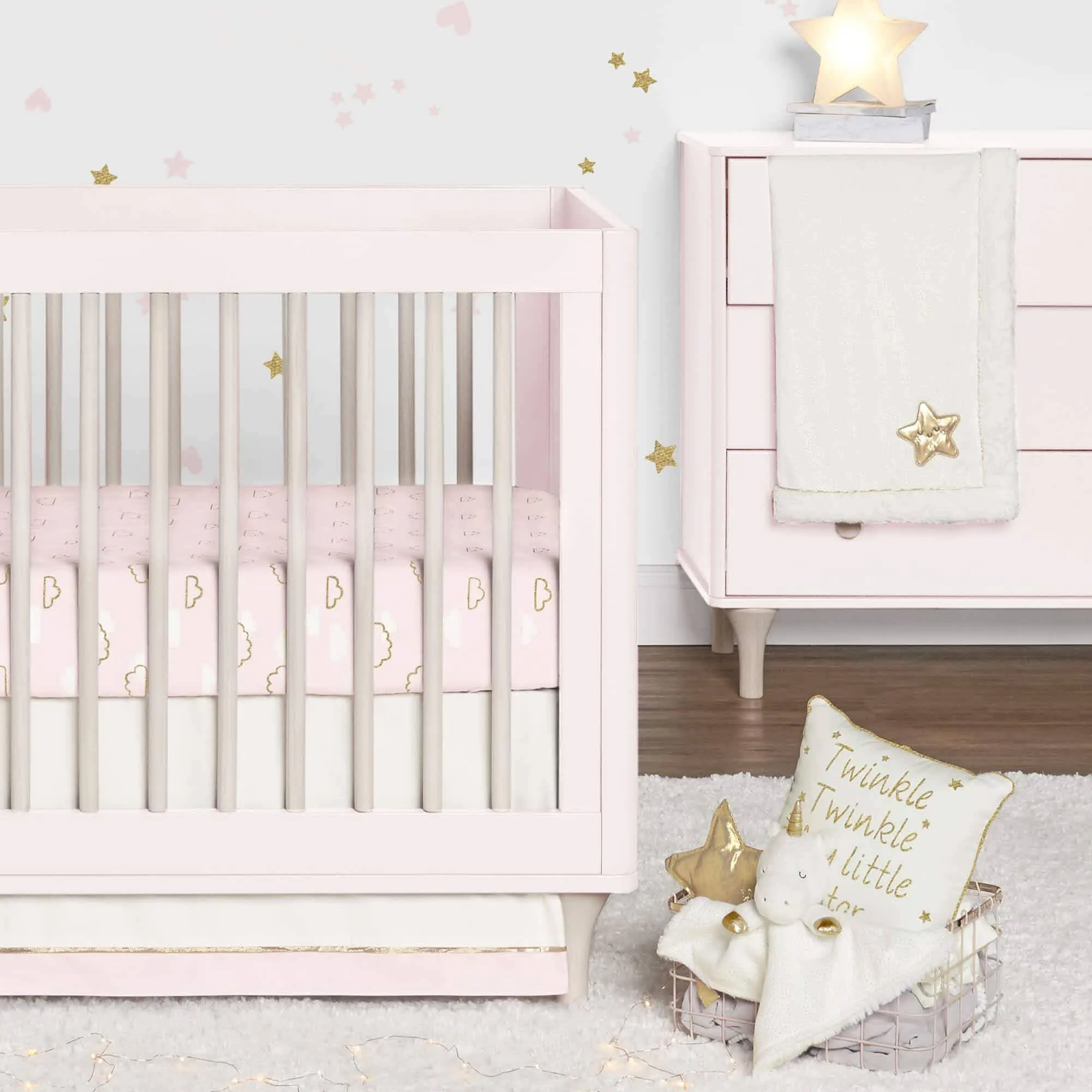 3-Piece Baby Girls Sparkle Pink Fitted Crib Sheets & Crib Skirt Set
