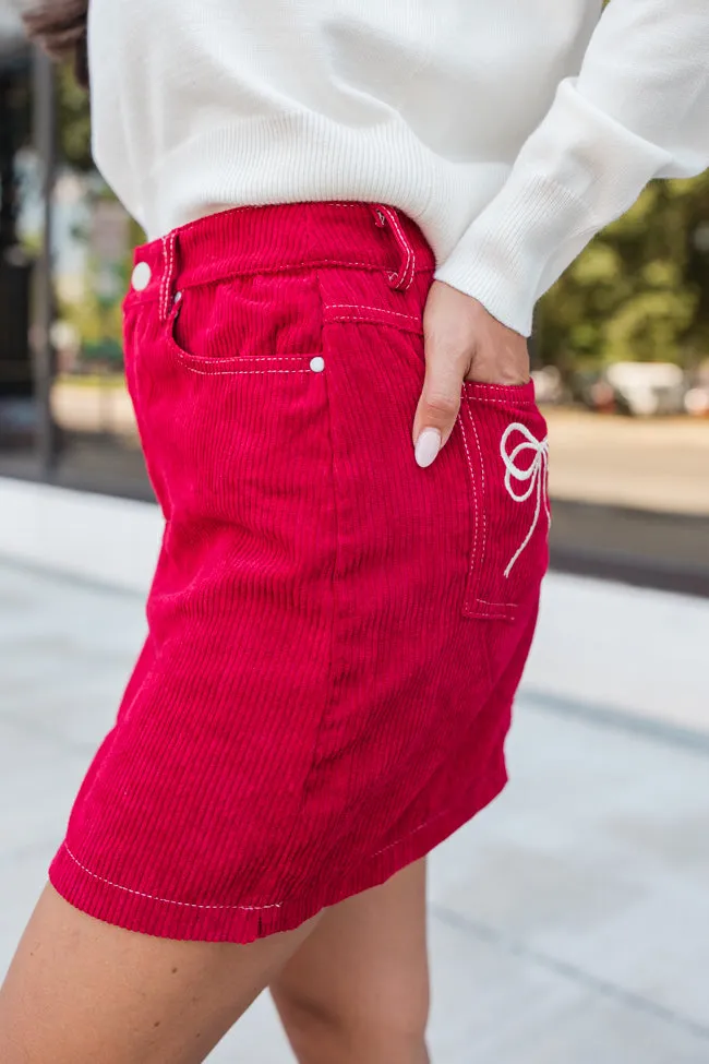 All You've Got Red Bow Embroidered Pocket Corduroy Skirt FINAL SALE