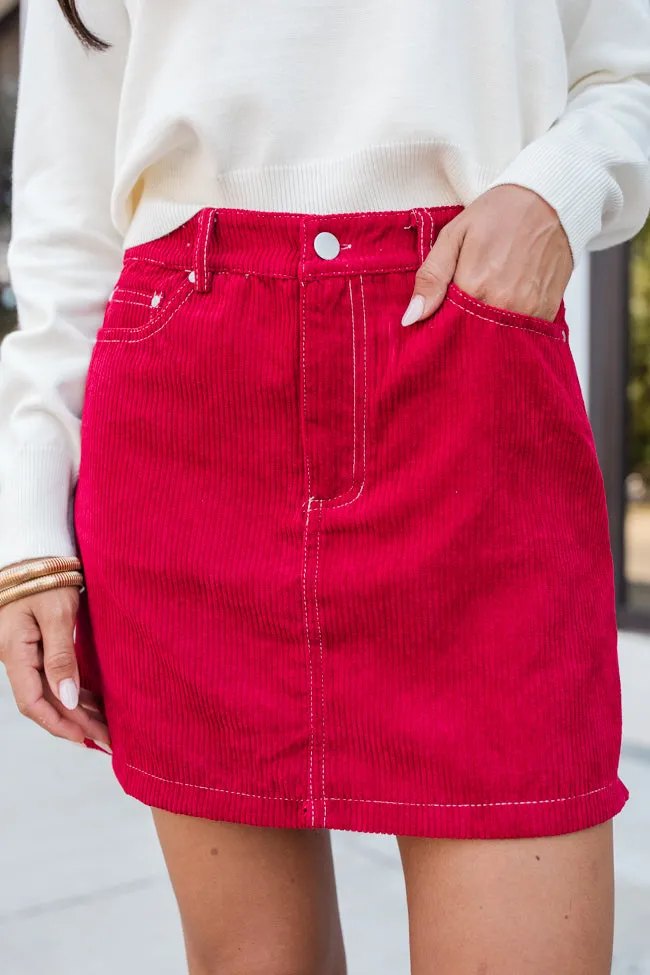 All You've Got Red Bow Embroidered Pocket Corduroy Skirt FINAL SALE
