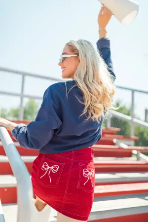 All You've Got Red Bow Embroidered Pocket Corduroy Skirt FINAL SALE