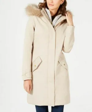Barbour Women’s  Bute Faux-Fur Hooded Puffer Coat Color Beige Size 14
