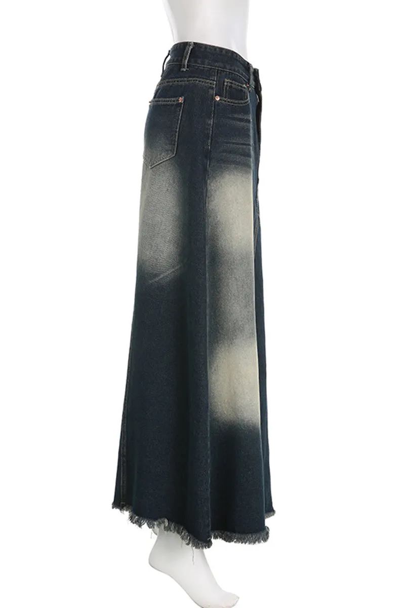 BD802 High-Rise Zip-Up Fringe A-Line Denim Maxi Skirt
