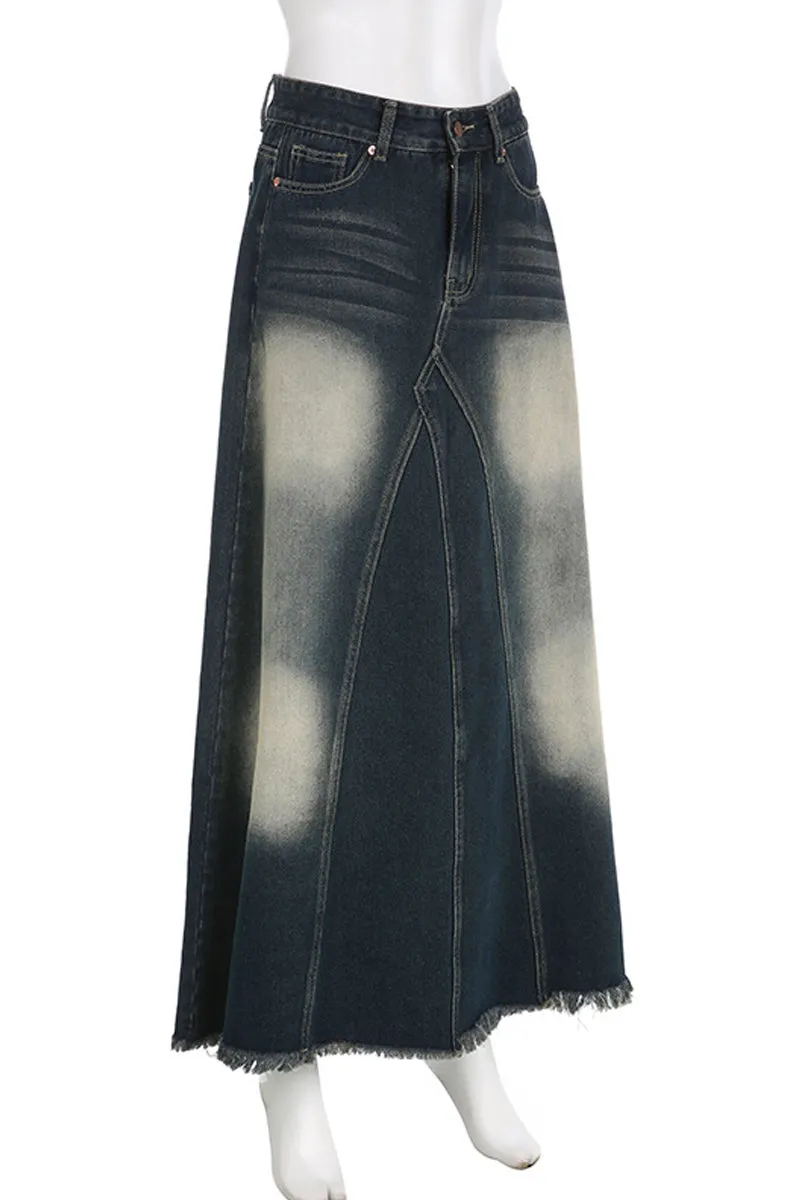 BD802 High-Rise Zip-Up Fringe A-Line Denim Maxi Skirt