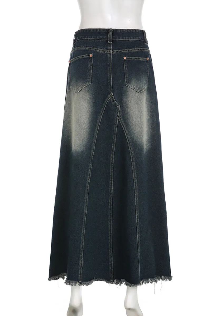 BD802 High-Rise Zip-Up Fringe A-Line Denim Maxi Skirt