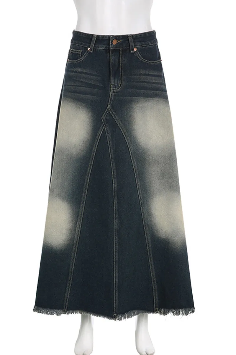BD802 High-Rise Zip-Up Fringe A-Line Denim Maxi Skirt