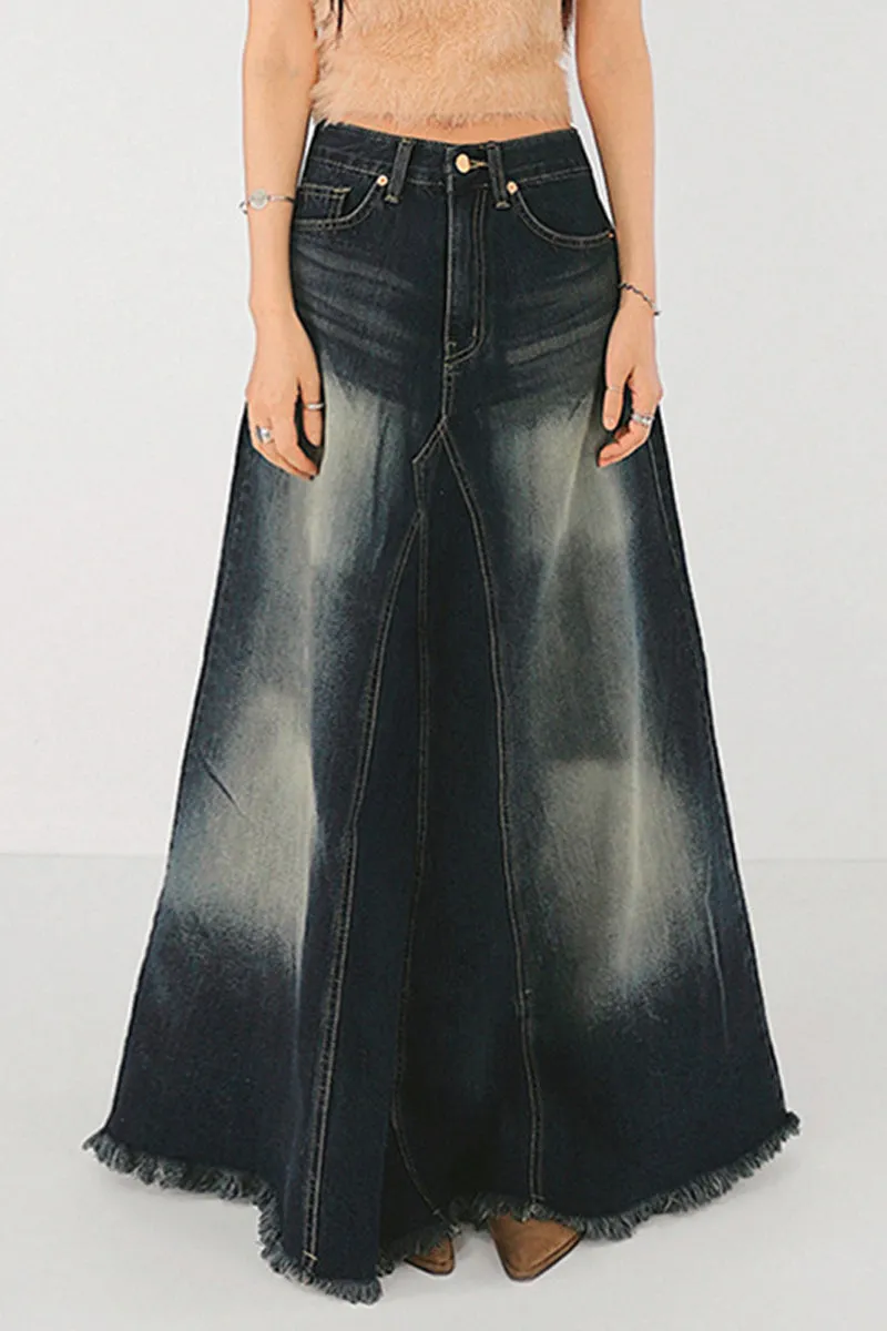 BD802 High-Rise Zip-Up Fringe A-Line Denim Maxi Skirt
