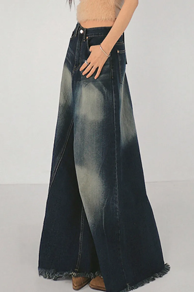 BD802 High-Rise Zip-Up Fringe A-Line Denim Maxi Skirt