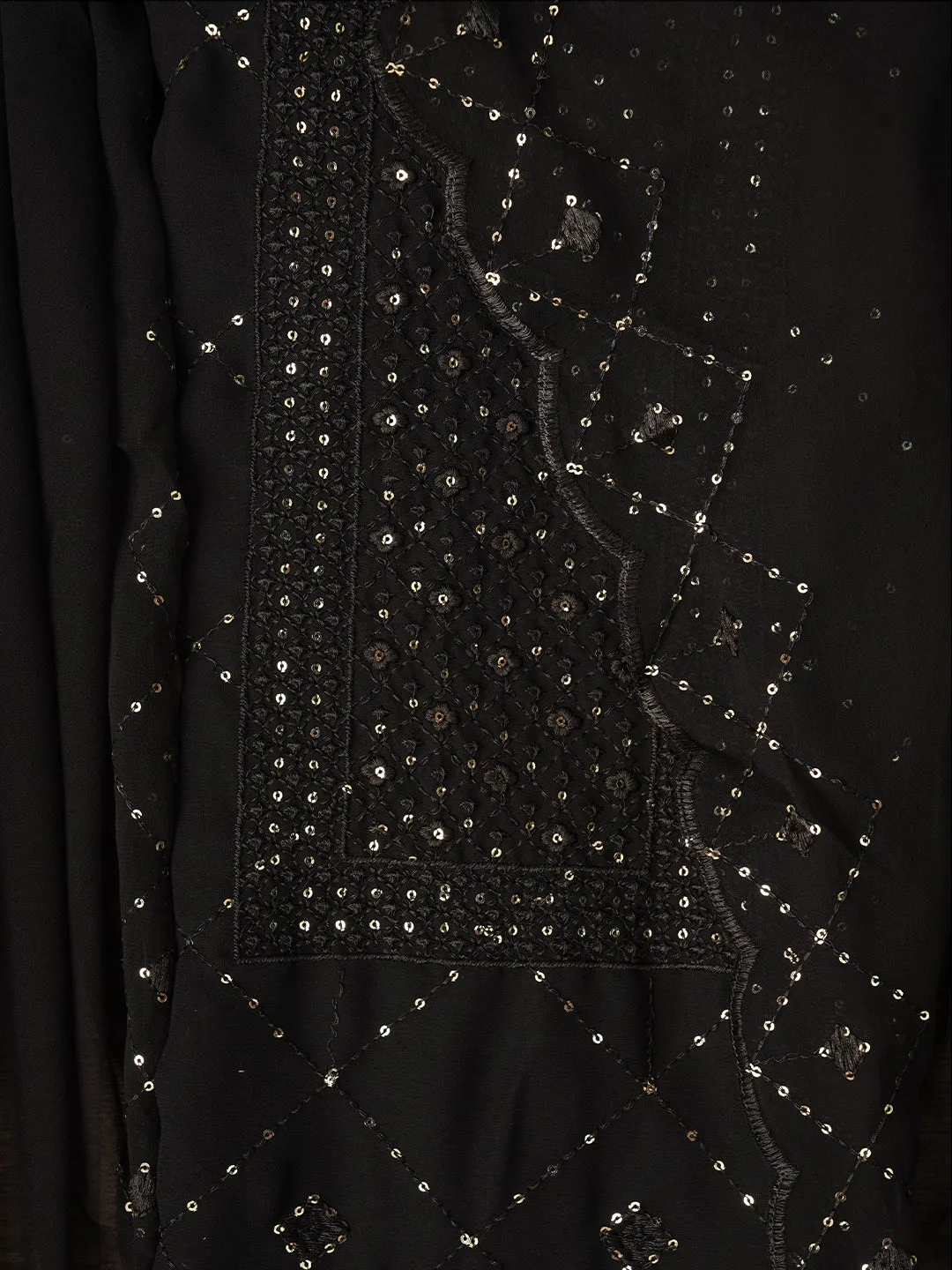 Black Sequin Embroidered Silk Georgette Dress Material with Dupatta