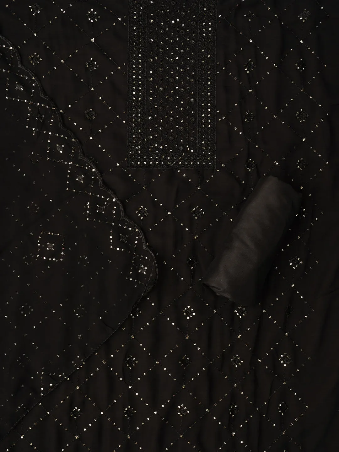 Black Sequin Embroidered Silk Georgette Dress Material with Dupatta