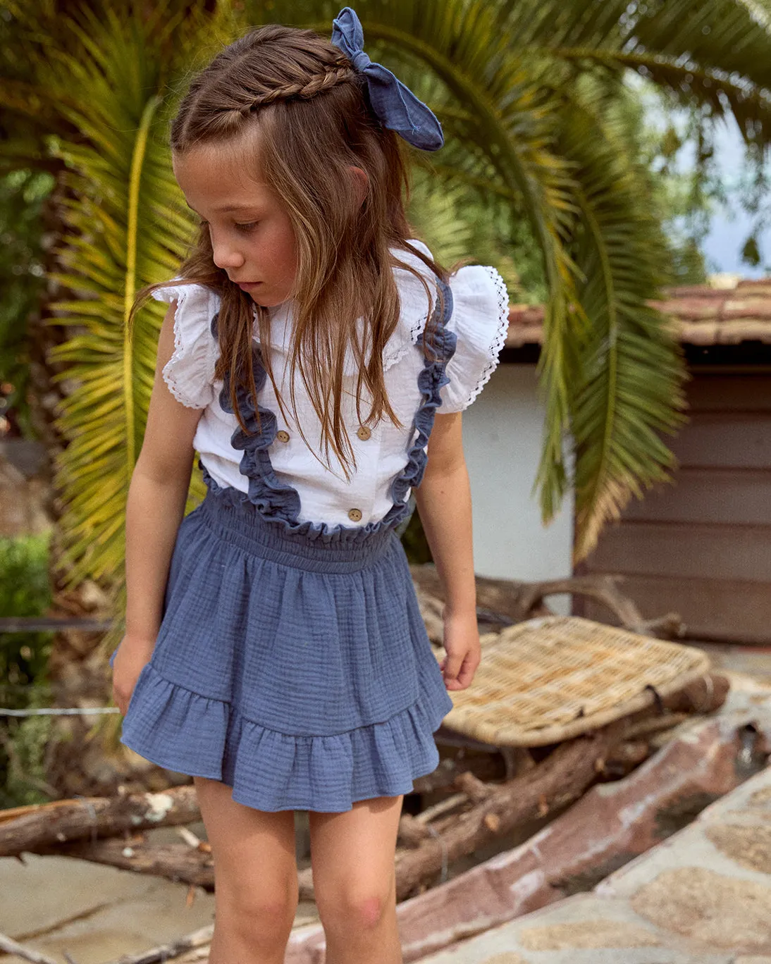 Blue Cotton Skirt with Straps