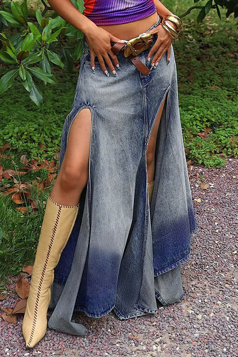 BQ3117 Split Denim Long Skirt