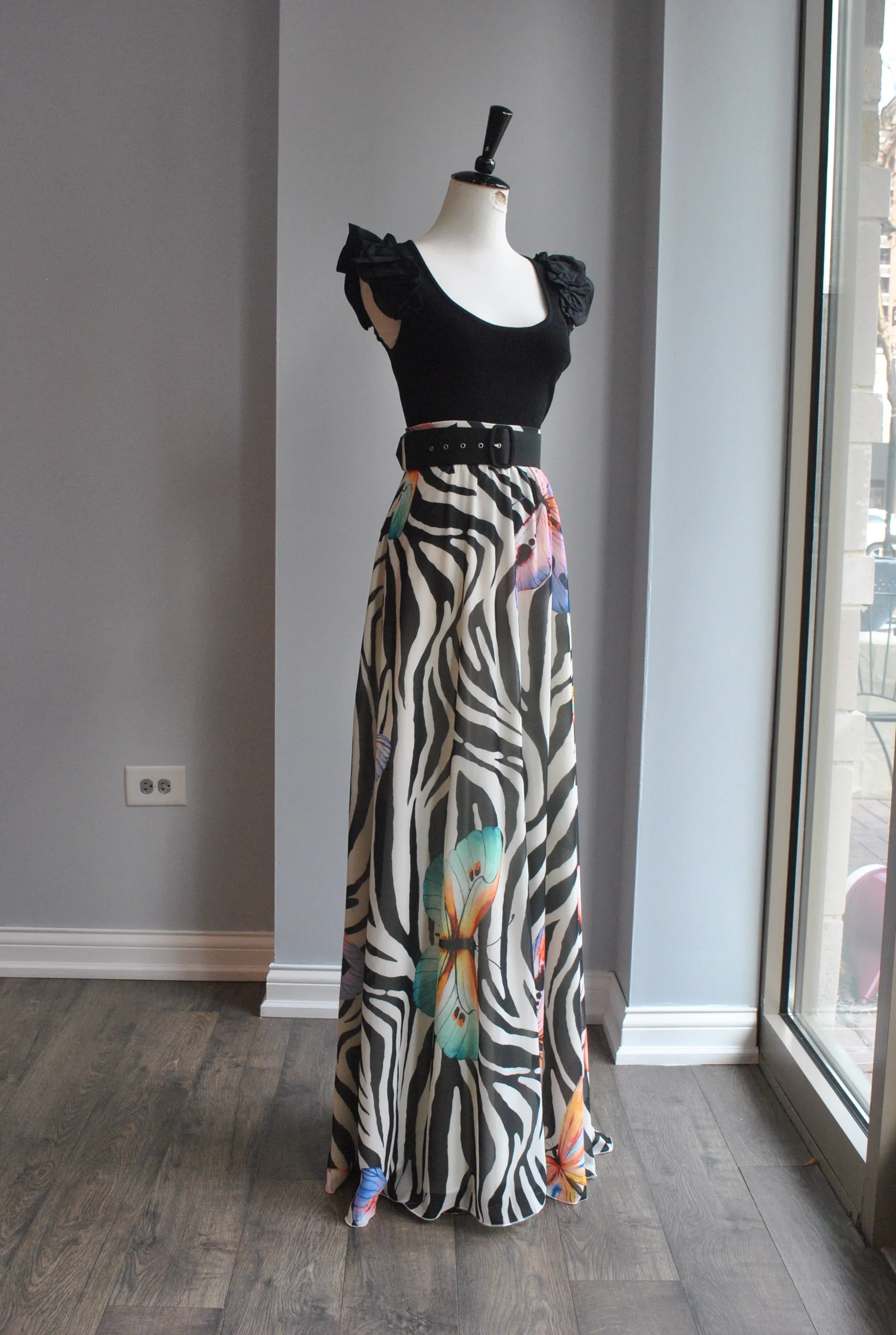 BUTTERFLIES MAXI SUMMER SKIRT WITH A BELT