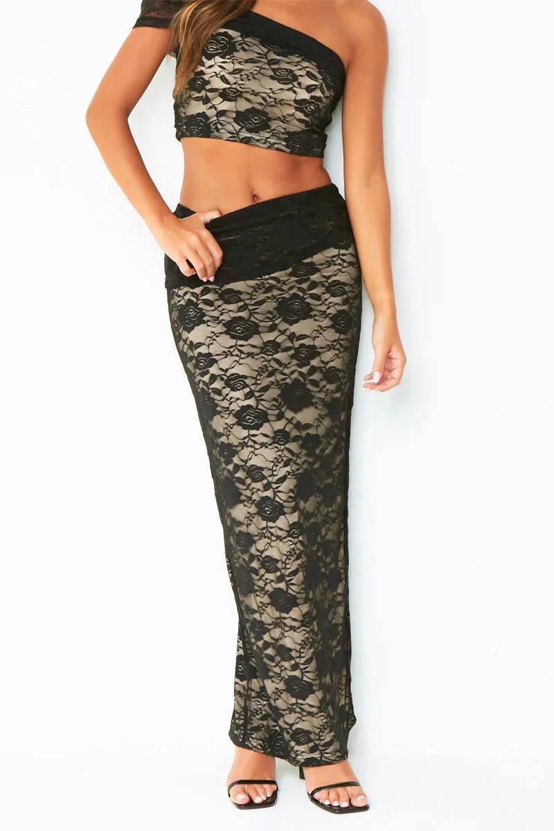 Charli Black Lace Fold Over Maxi Skirt