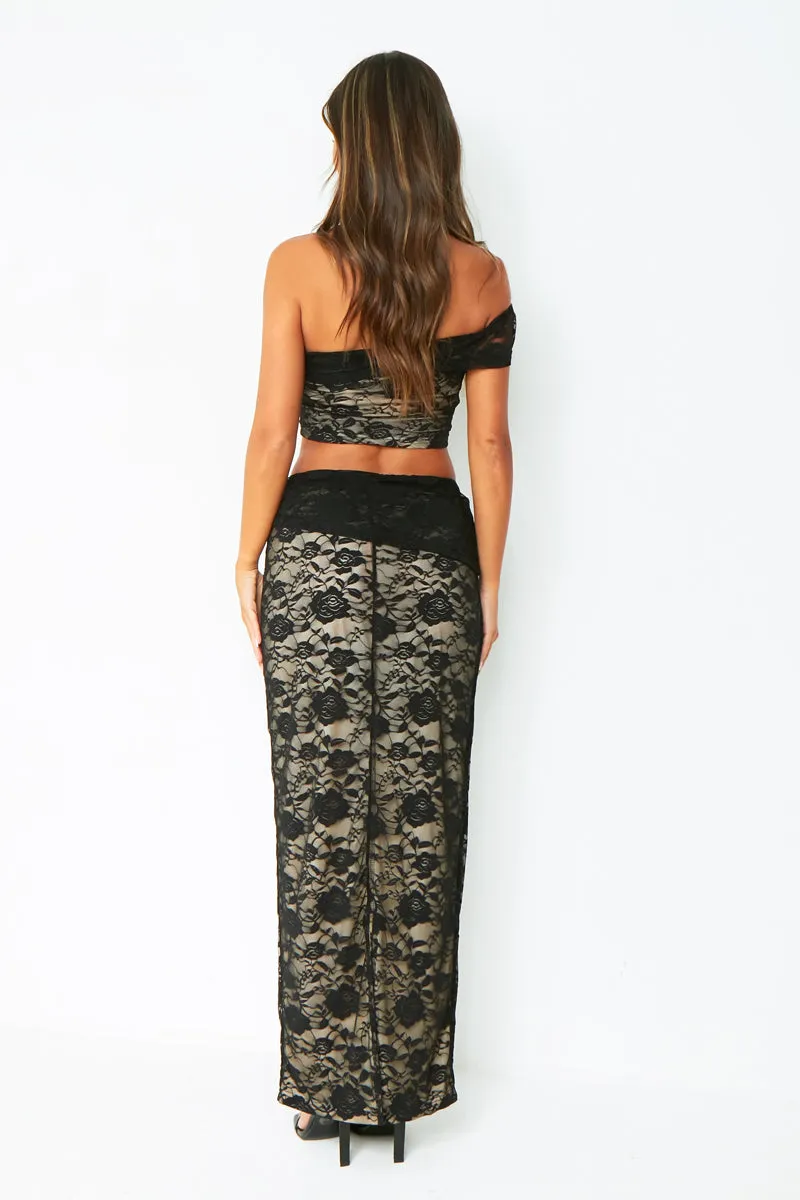 Charli Black Lace Fold Over Maxi Skirt