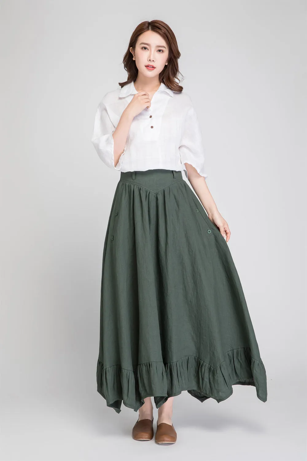 dark green skirt, linen skirt women, maxi skirt, summer skirt, pleated skirt 1889#
