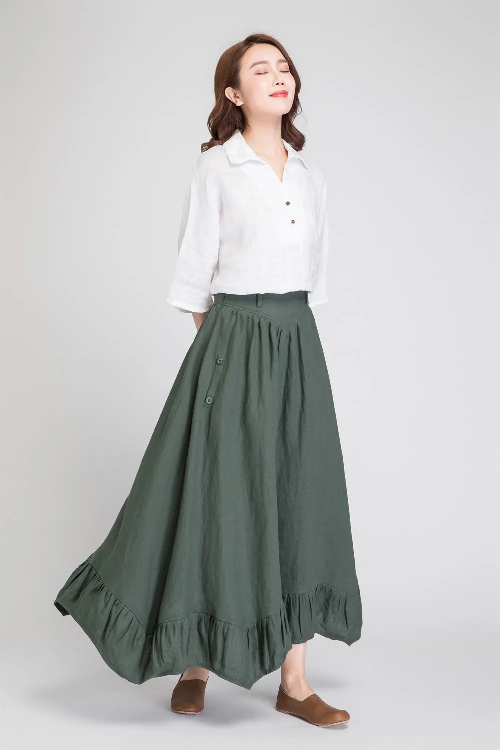 dark green skirt, linen skirt women, maxi skirt, summer skirt, pleated skirt 1889#
