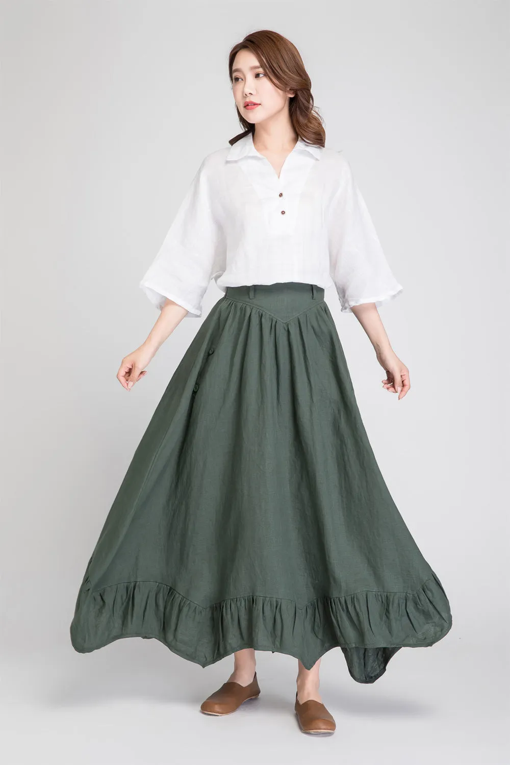 dark green skirt, linen skirt women, maxi skirt, summer skirt, pleated skirt 1889#