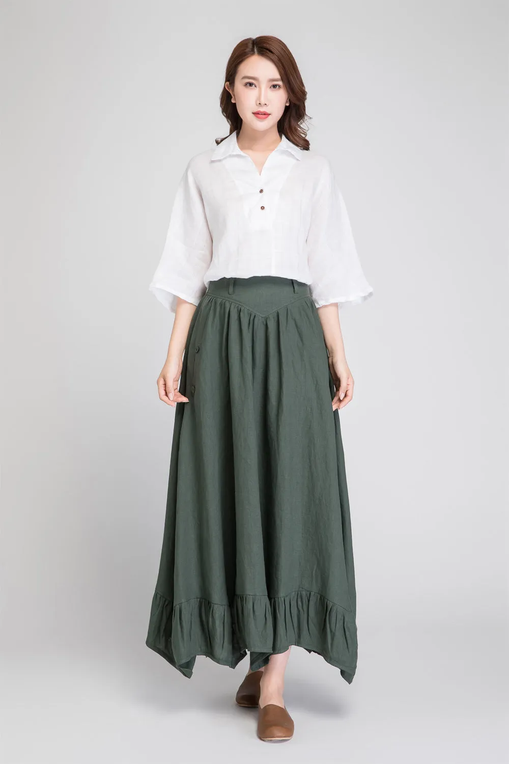 dark green skirt, linen skirt women, maxi skirt, summer skirt, pleated skirt 1889#