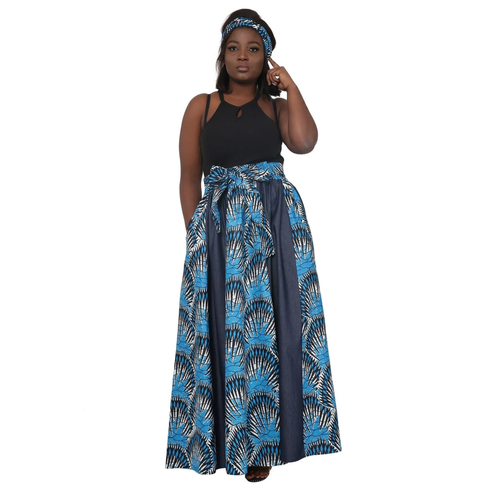 Denim and African Print Long Maxi Skirt 17617-80