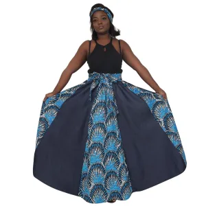 Denim and African Print Long Maxi Skirt 17617-80