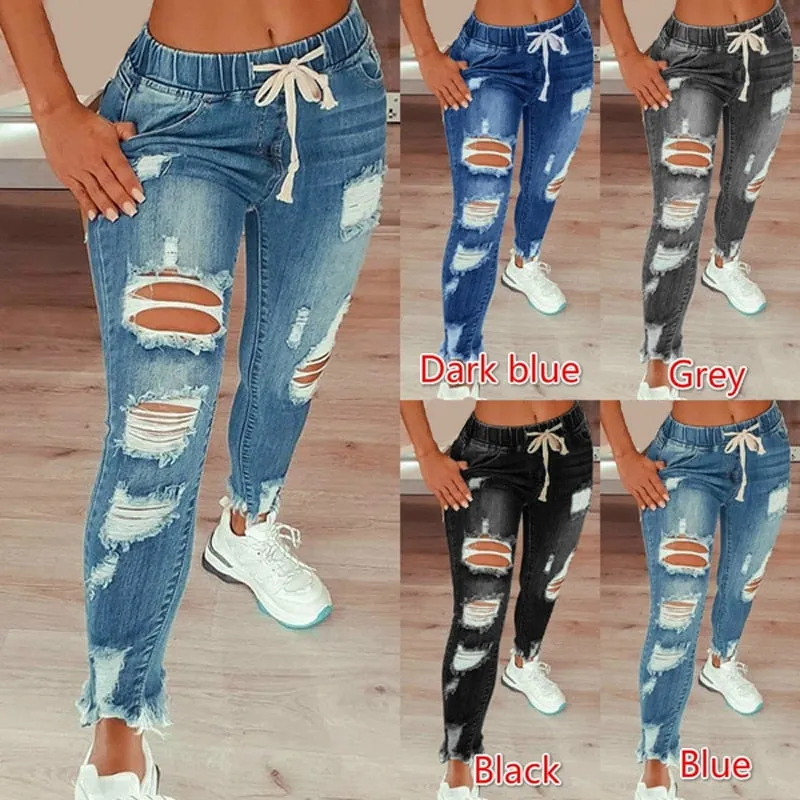 Drawstring Denim Jeans For Women Ripped Hole Stretch Jean Ladies Plus Size Full Length Pencil Pants