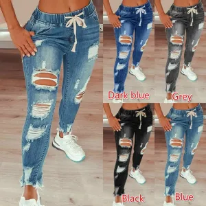 Drawstring Denim Jeans For Women Ripped Hole Stretch Jean Ladies Plus Size Full Length Pencil Pants