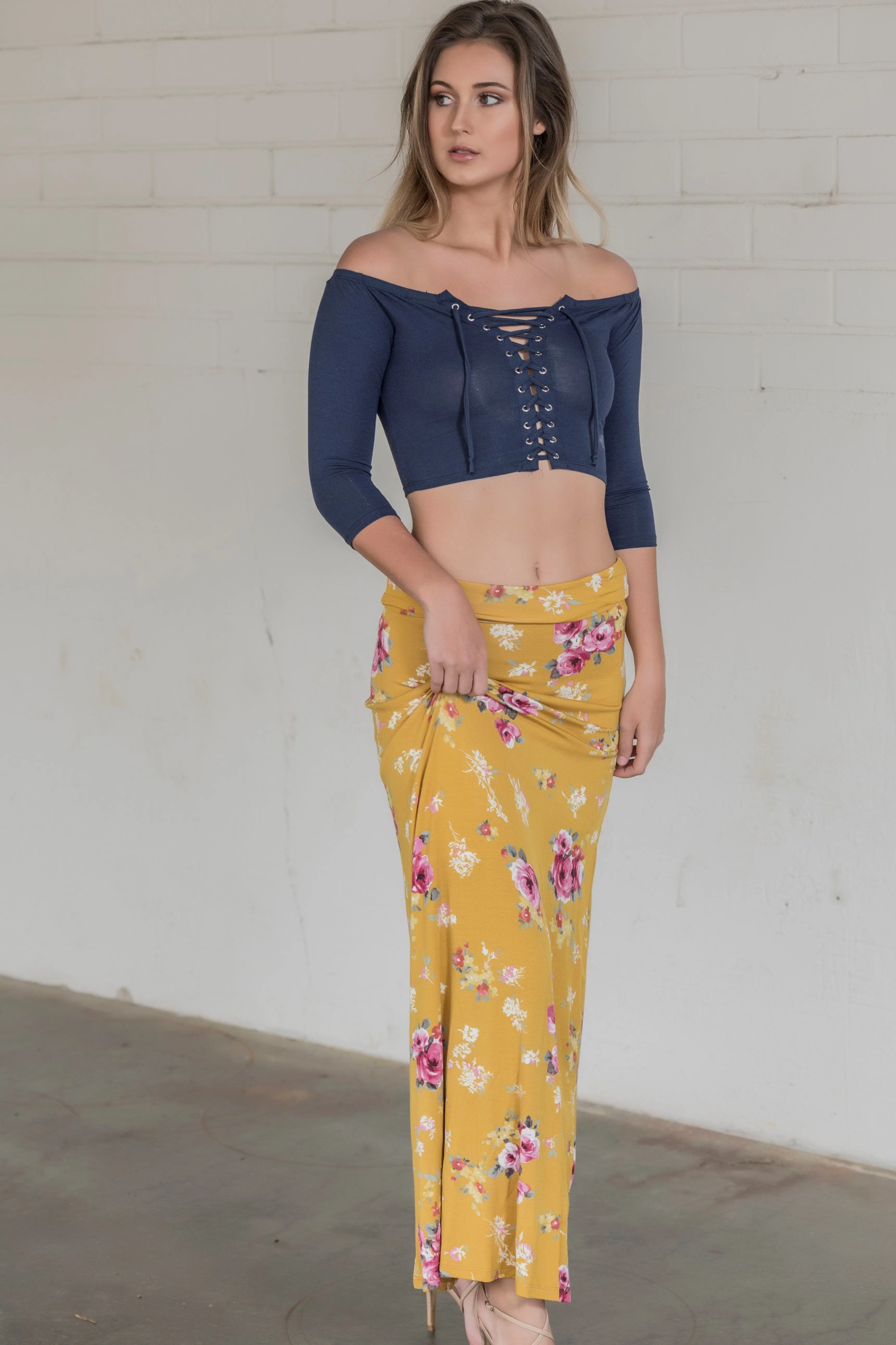 Floral Print Maxi Skirt-Mustard