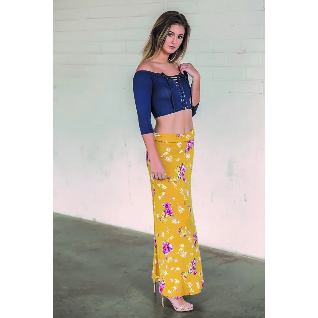 Floral Print Maxi Skirt-Mustard