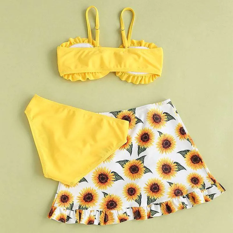 Girl's Sunflower Printed Three-piece Swimsuit Set