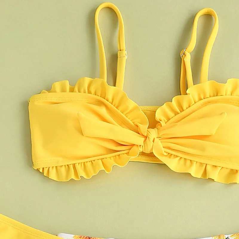 Girl's Sunflower Printed Three-piece Swimsuit Set