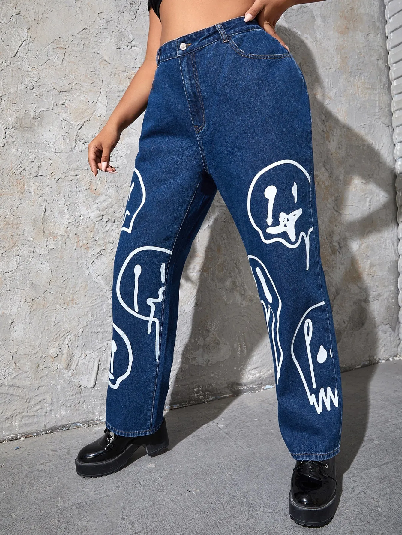 Graphic High Waist Long Plus Size Jeans