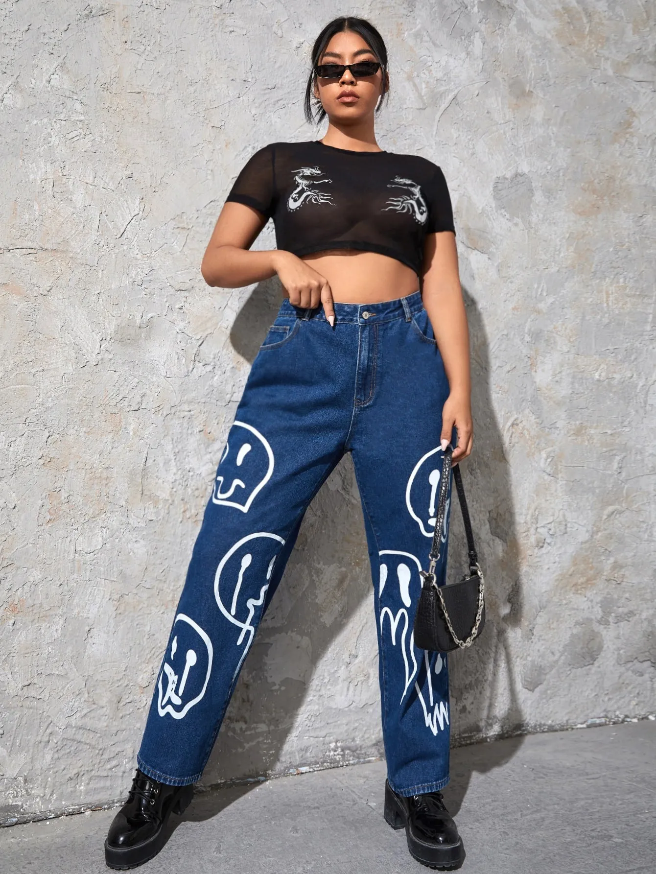 Graphic High Waist Long Plus Size Jeans