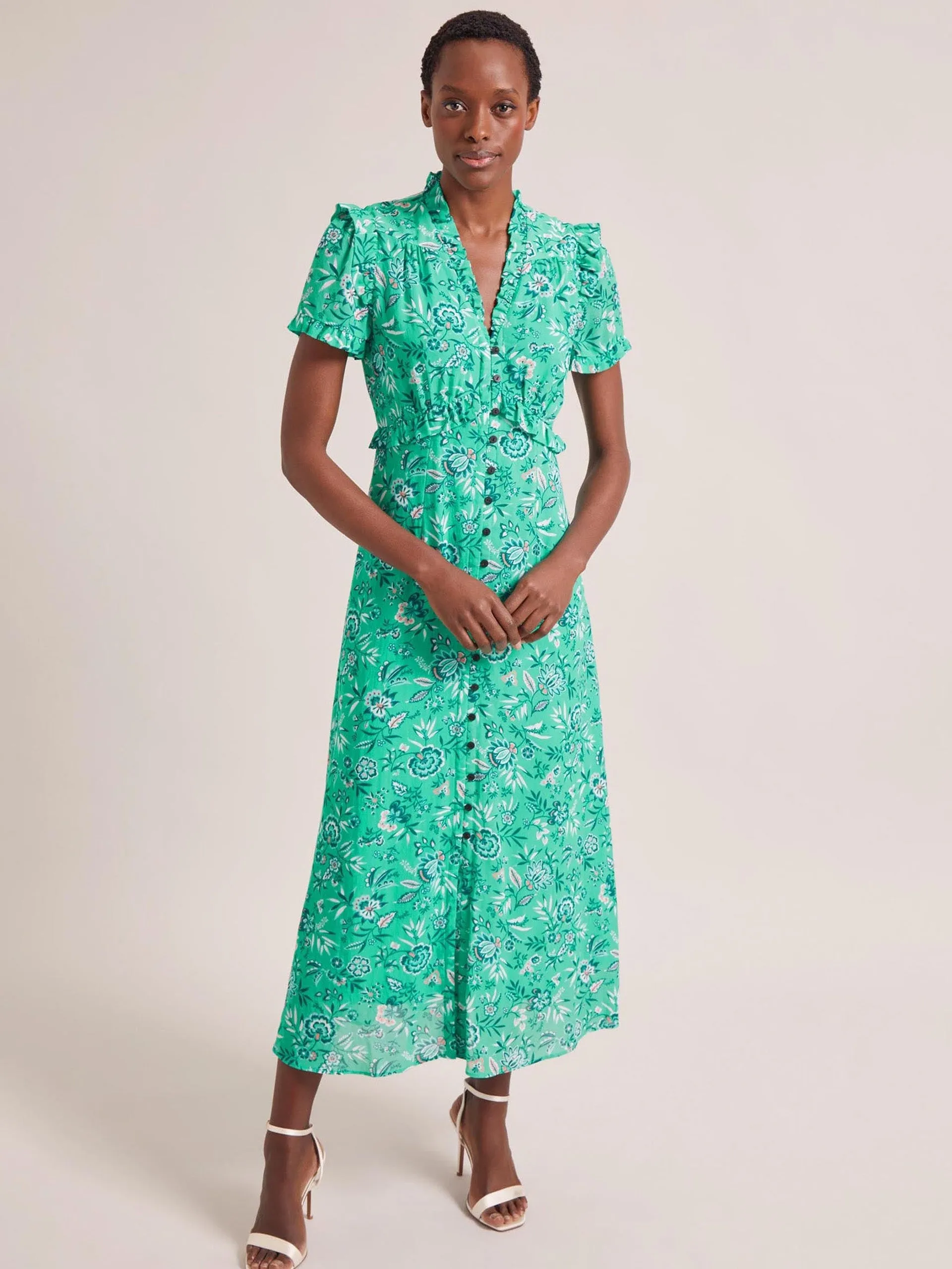 Green white palm floral Liliana cotton blend maxi dress