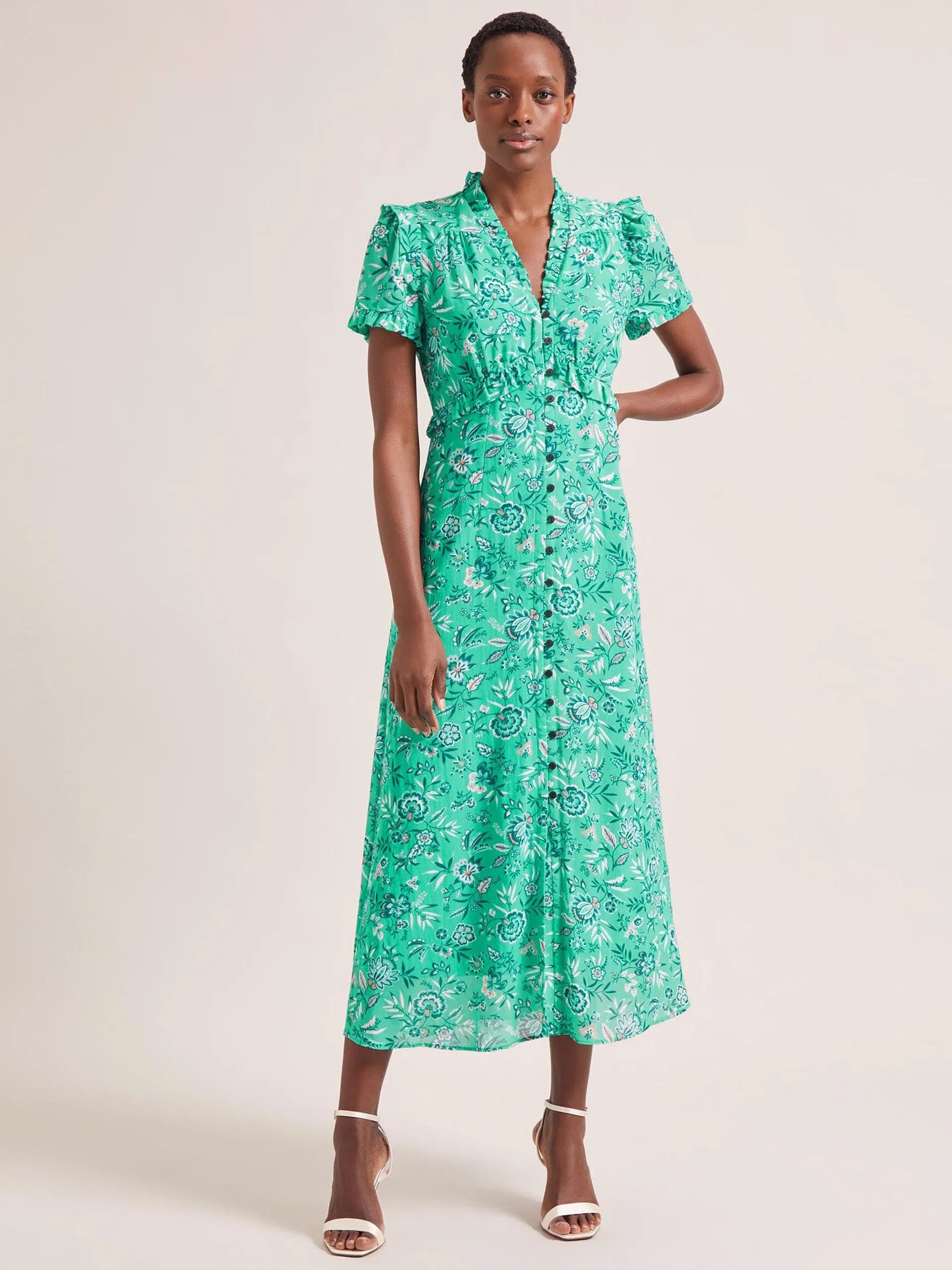 Green white palm floral Liliana cotton blend maxi dress