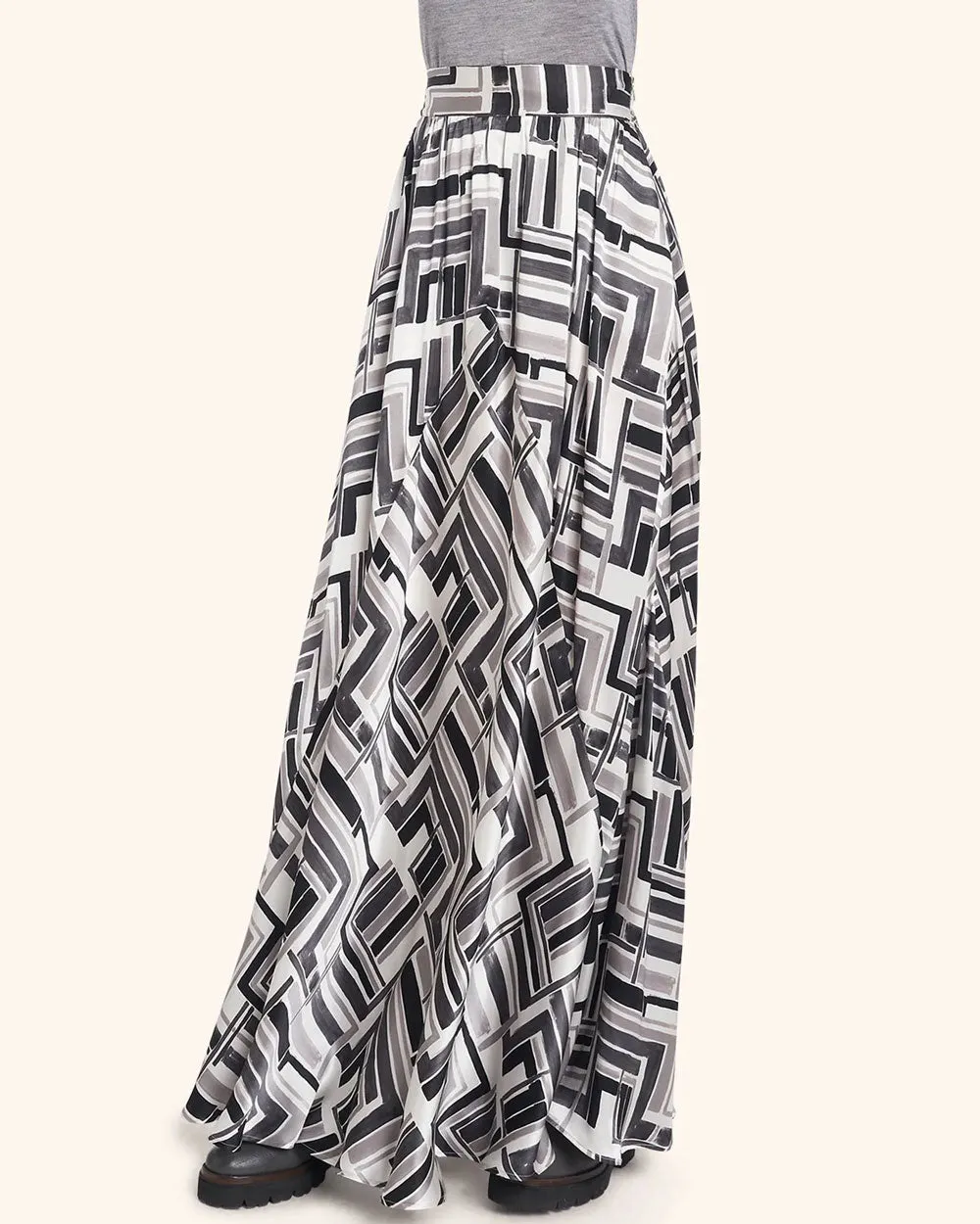 Grey Geometric Silk Maxi Skirt