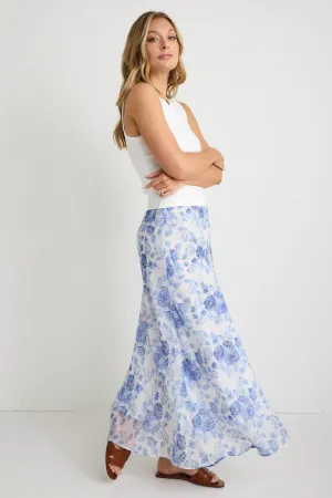 Haven Blue Floral Bias Cut Floaty Maxi Skirt