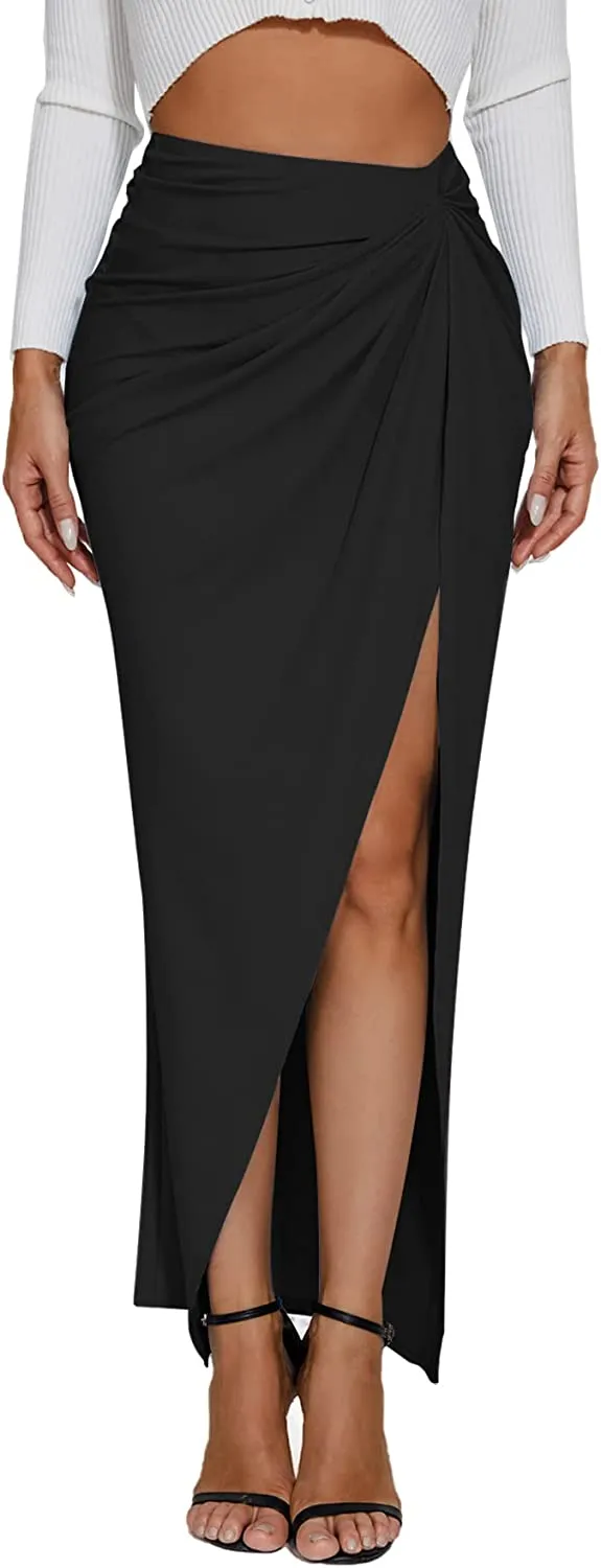 High Waist Light Blue Ruched Maxi Skirt w/Slit