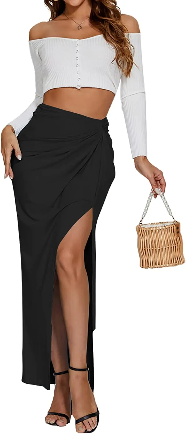 High Waist Light Blue Ruched Maxi Skirt w/Slit