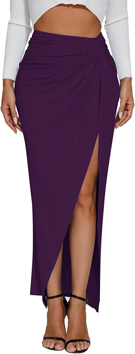 High Waist Light Blue Ruched Maxi Skirt w/Slit