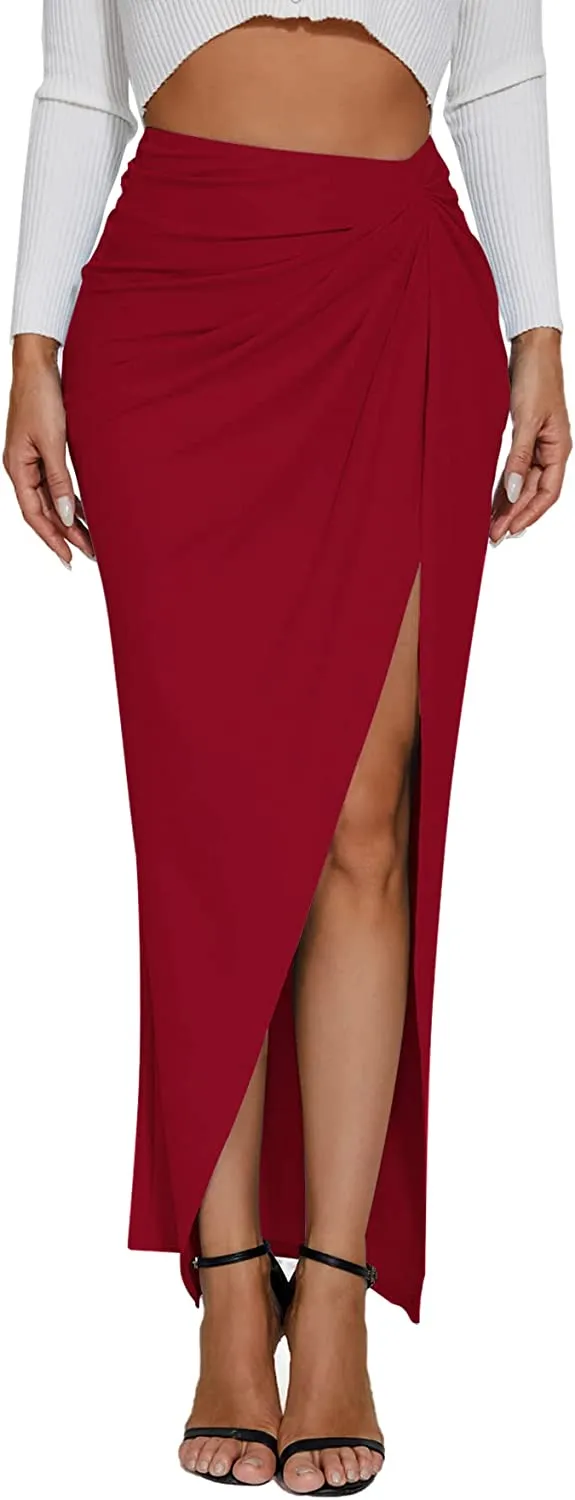 High Waist Light Blue Ruched Maxi Skirt w/Slit
