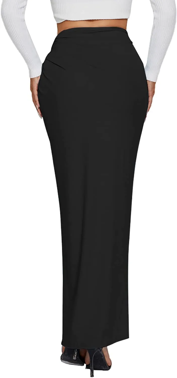 High Waist Light Blue Ruched Maxi Skirt w/Slit
