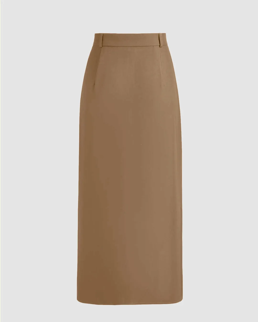 High Waisted Solid Front Slit Maxi Skirt In Brown