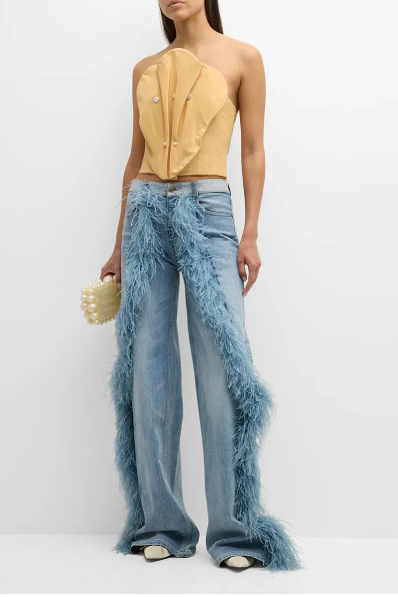 HPU1019 Feathered Flare Statement Jeans Pant
