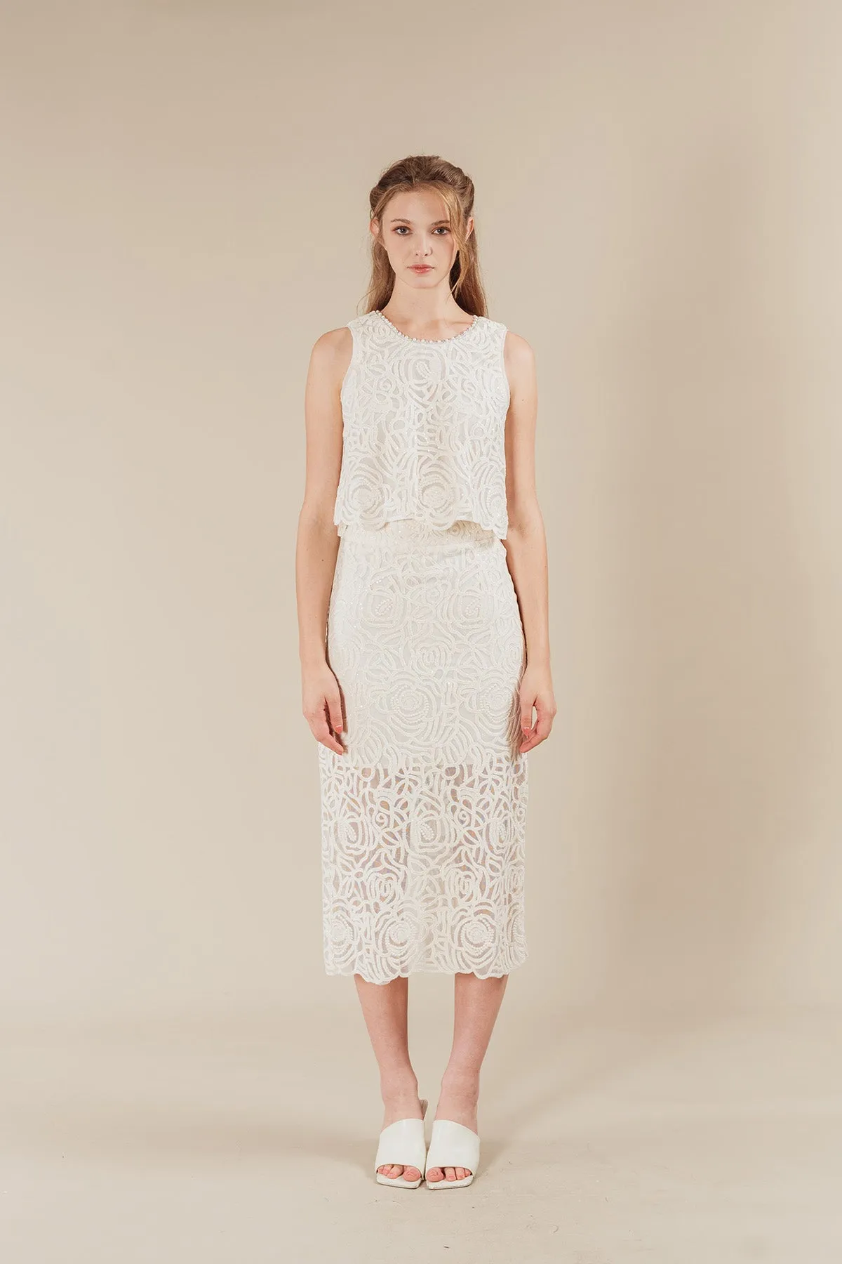 Julivea Embroidered Floral Tulle Sleeveless Top and Maxi Skirt Set