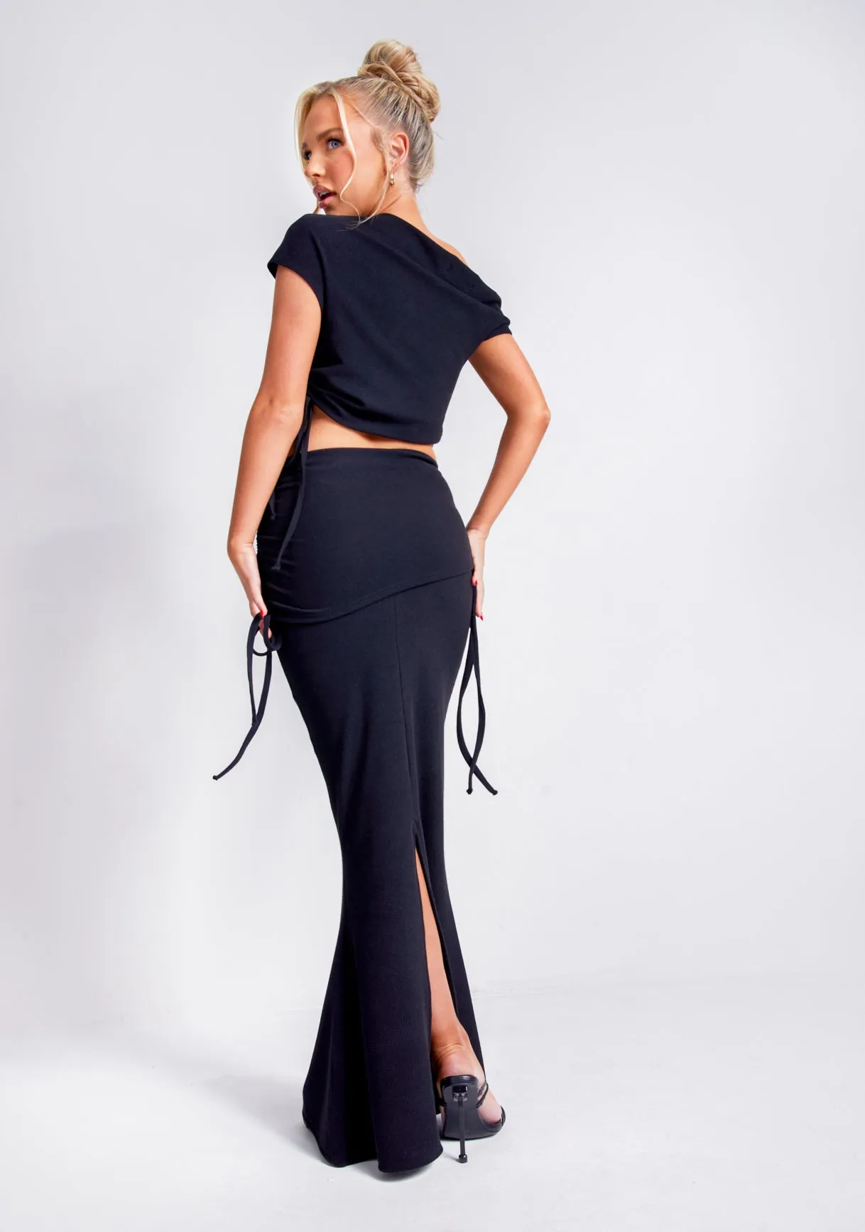 Kianne Black Ruched Fold Over Maxi Skirt