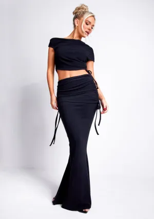 Kianne Black Ruched Fold Over Maxi Skirt