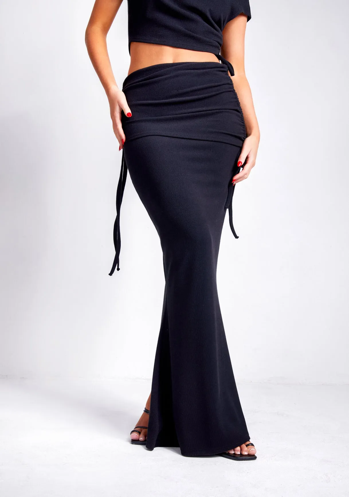 Kianne Black Ruched Fold Over Maxi Skirt